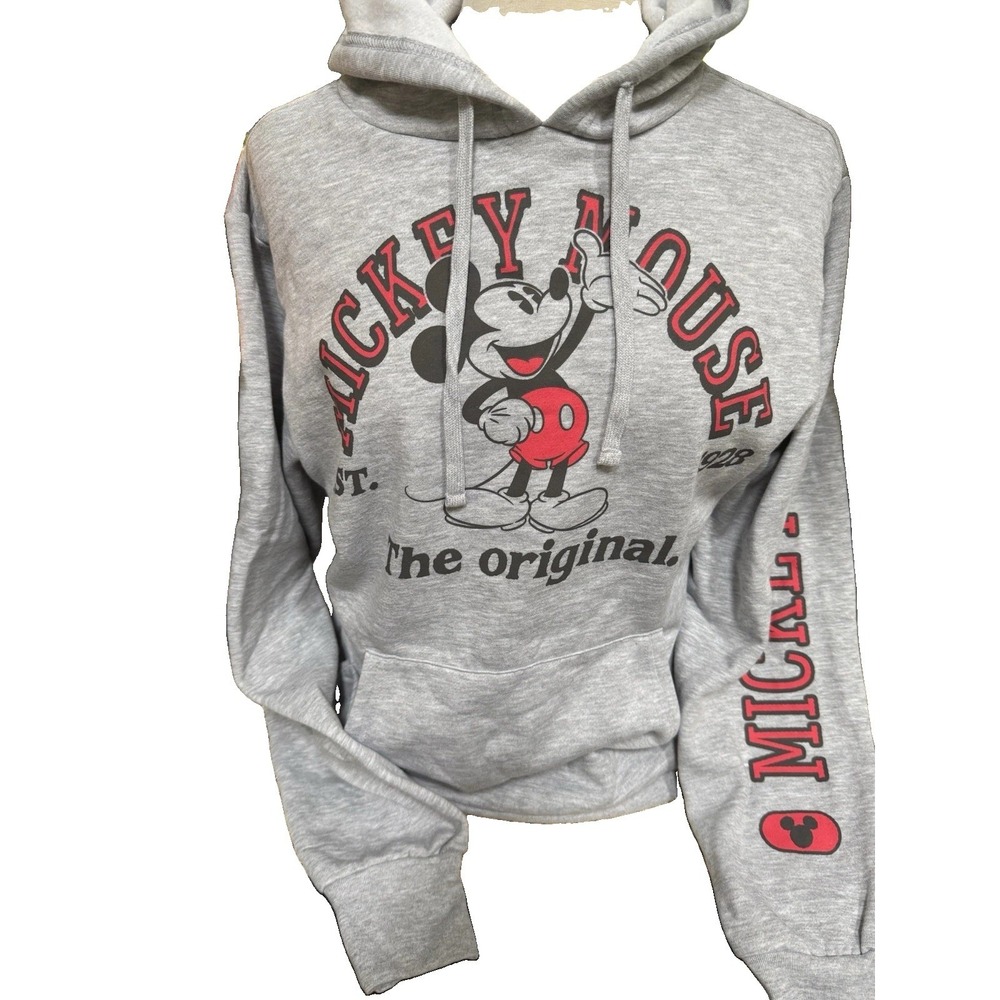 Disney Mickey Mouse Pullover Hoodie Gray Fleece Graphic Pockets Womens S